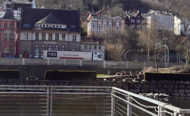 Ein Lkw fährt auf einer Straße vor mehreren Häusern. Im Vordergrund eine Hecke.