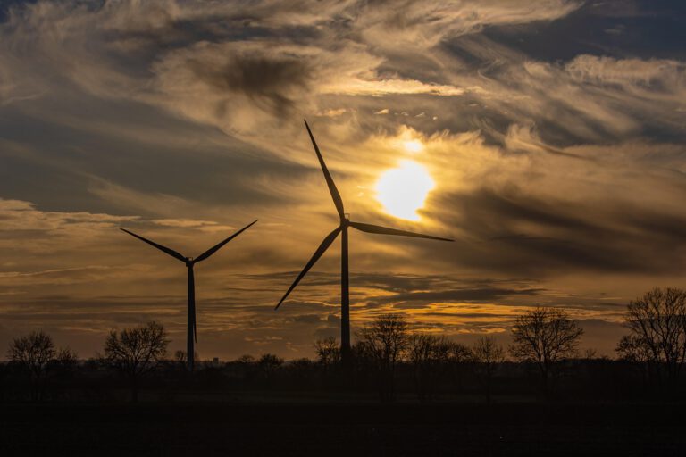 Zwei Windräder im Sonnenuntergang vor einem Wald.