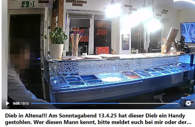Foto: Facebook-Screenshot Facebook-Video einer Überwachungskamera, in dem ein Mann ein Handy hinter dem Verkaufstresen einer Pizzeria stiehlt.