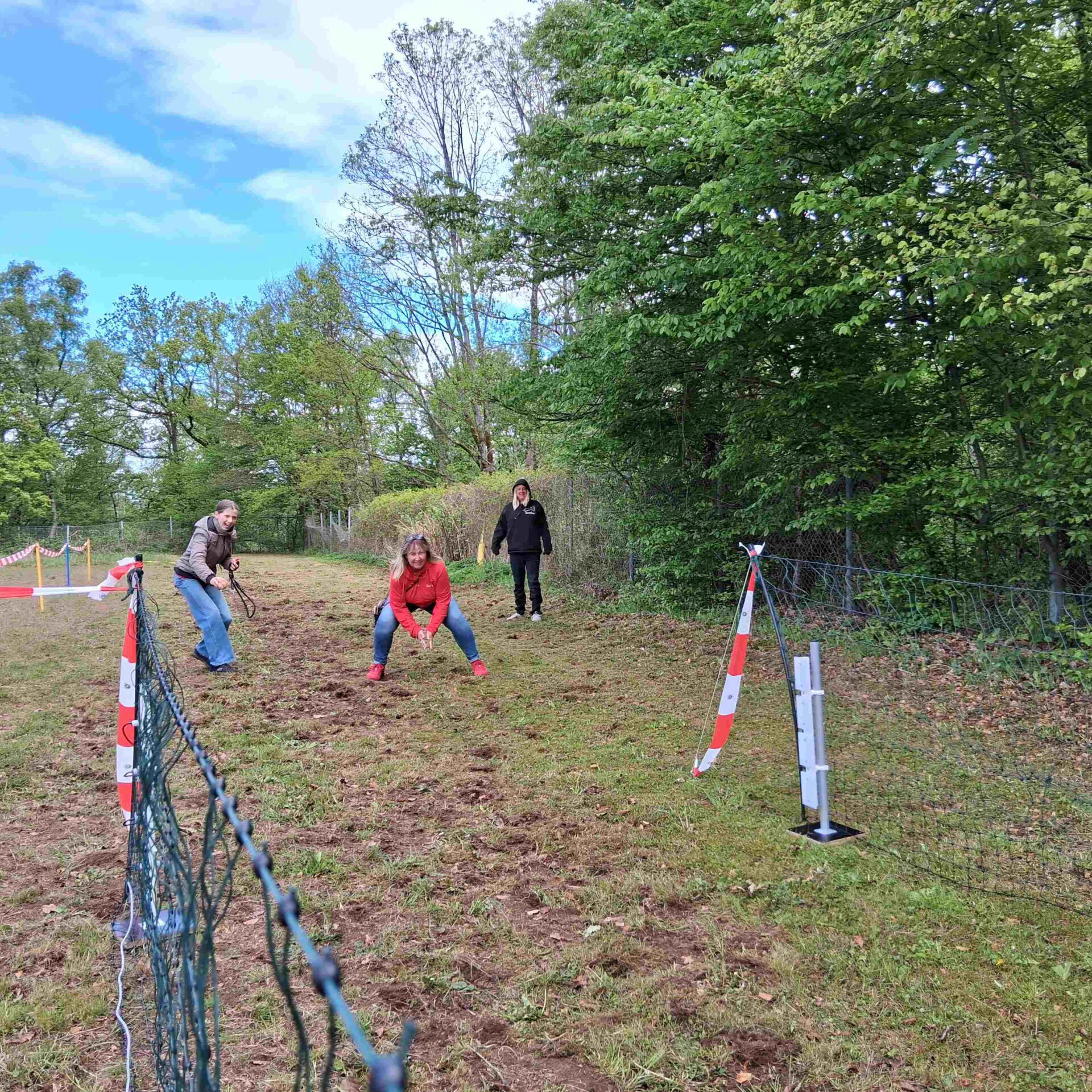 Ein Hund rennt in den Zieleinlauf, wo das Herrchen wartet.