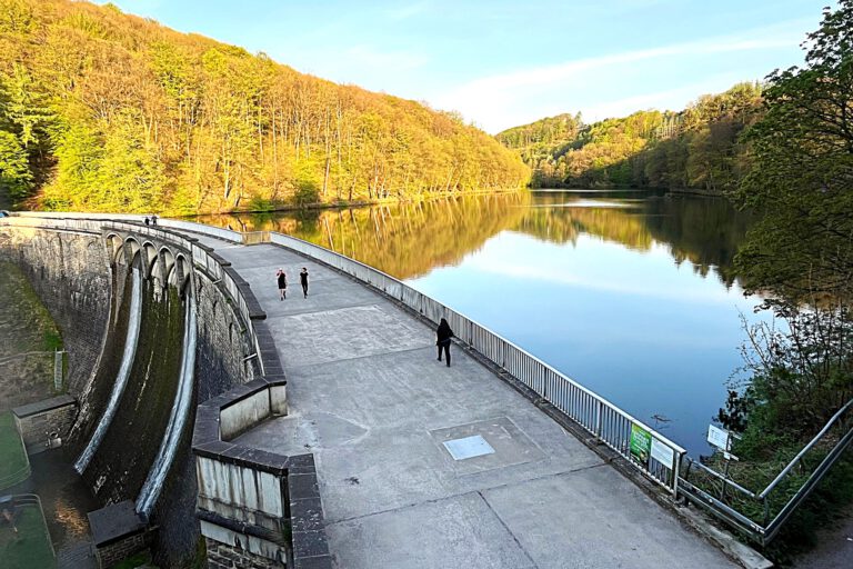 Foto: Carsten Menzel Auf der Staumauer einet Talsperre sind Spaziergänger unterwegs. Auf der Wasseroberfläche spiegeln sich die Bäume der umgebenden Wälder.