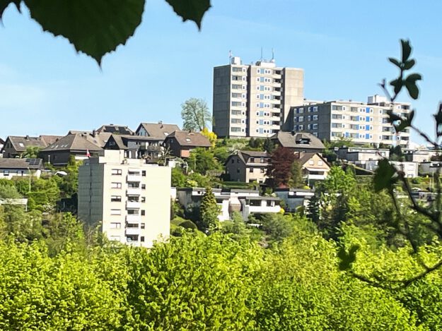 Hochhäuser und Einfamilienhäuser an einem Hang von Bäumen umgeben.
