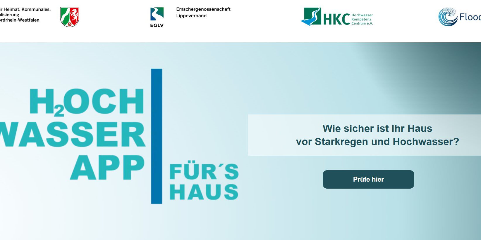Interessant und einfach zu bedienen: das neue Online-Tool  Ein Screenshot der Webseite zum Starkregen und Hochwasser vom Ministerium für Heimat, Kommunales, Bau und Digitalisierung des Landes NRW.