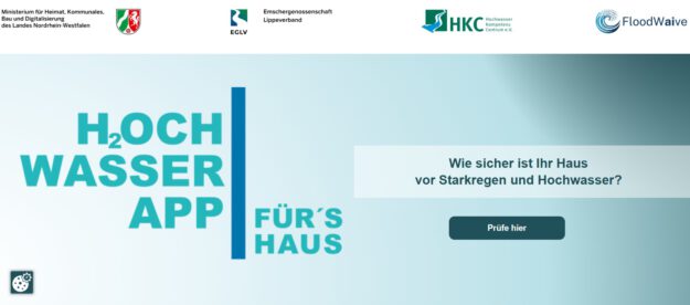 Ein Screenshot der Webseite zum Starkregen und Hochwasser vom Ministerium für Heimat, Kommunales, Bau und Digitalisierung des Landes NRW.