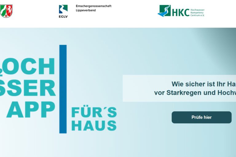 Ein Screenshot der Webseite zum Starkregen und Hochwasser vom Ministerium für Heimat, Kommunales, Bau und Digitalisierung des Landes NRW.