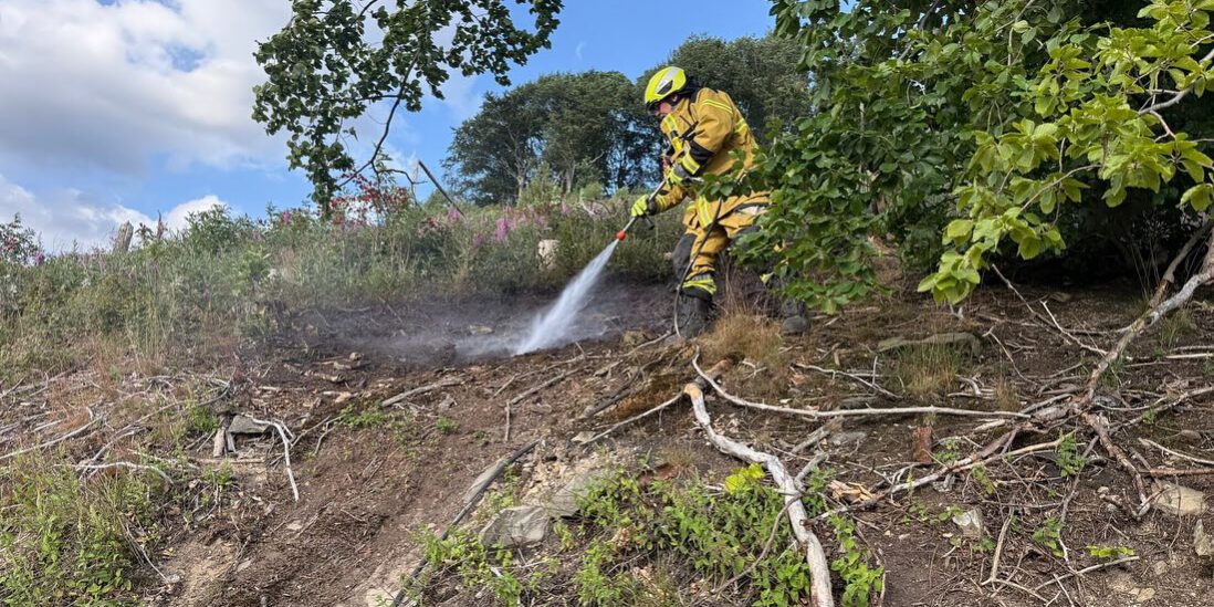 Einsatzkräfte der Feuerwehr löschen brennenden Waldboden in Nachrodt-Wiblingwerde.