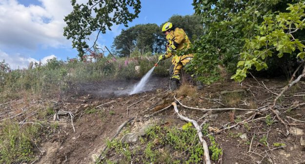 Foto: Feuerwehr Nachrodt-Wiblingwerde Einsatzkräfte der Feuerwehr löschen brennenden Waldboden in Nachrodt-Wiblingwerde.