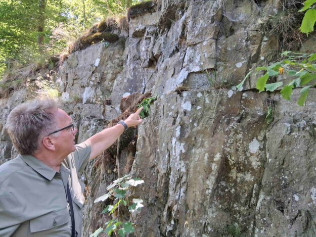 Foto: Ilka Kremer Andreas Kisker deutet auf die nach vorne geneigten Spalten im Fels.