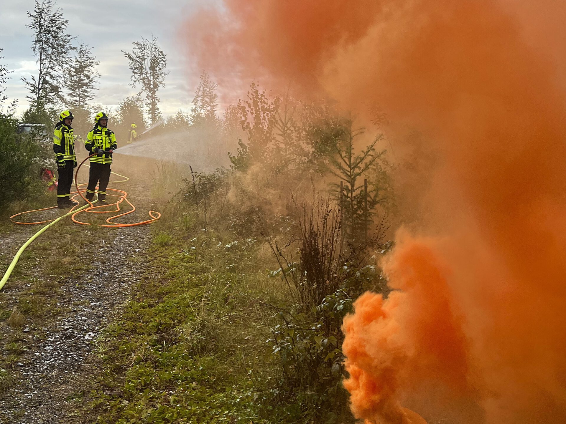 Aus einem Waldstück steigt oranger Rauch auf. Zwei Feuerwehrleute löschen mit einem D-Rohr.