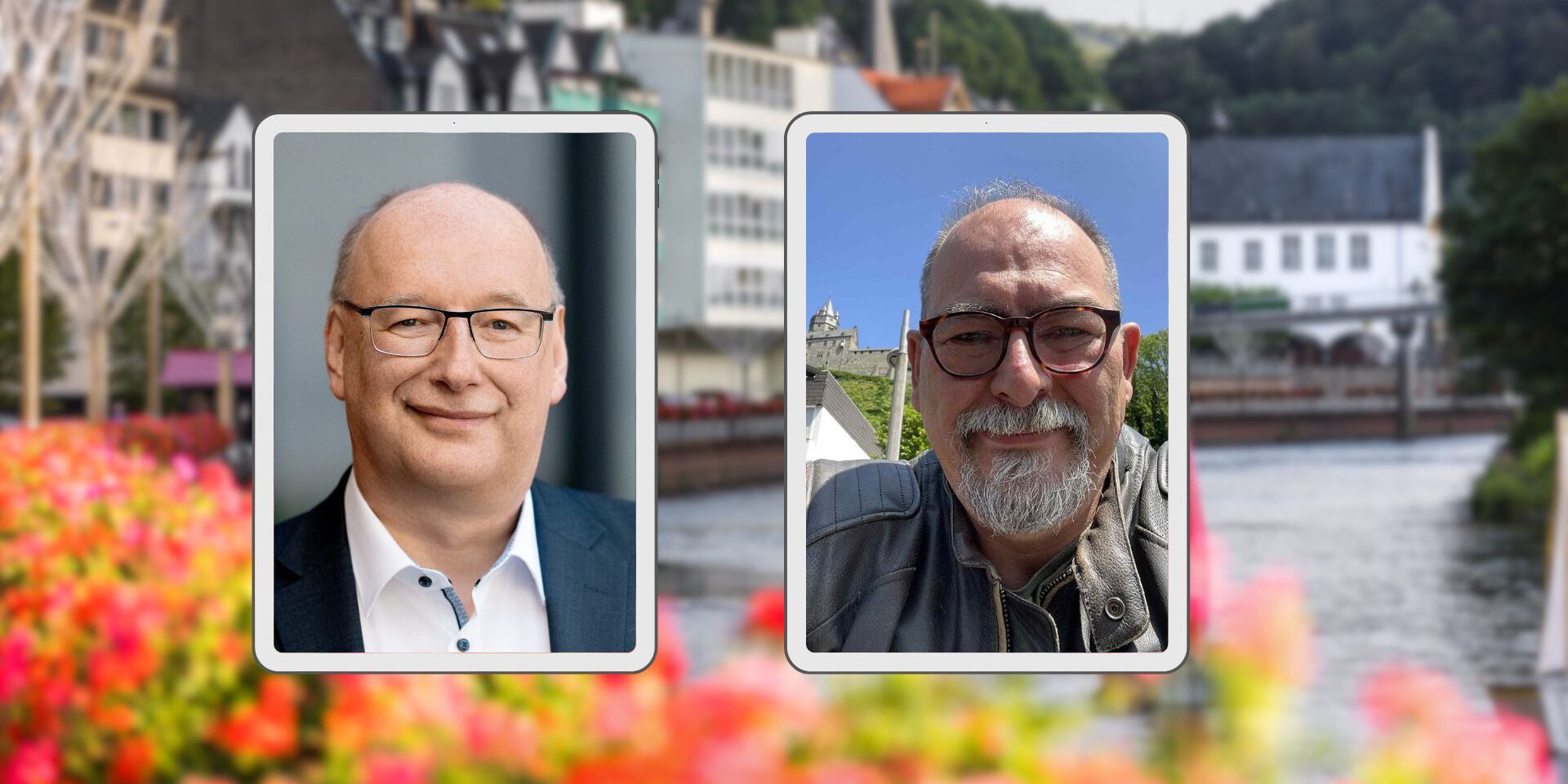 Porträts von Guido Thal und Markus Ferber vor einem Hintergrundbild, das die Lenne in Altena zeigt.