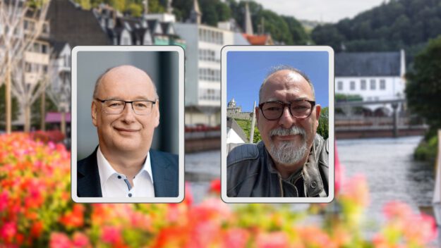 Foto: Privat Porträts von Guido Thal und Markus Ferber vor einem Hintergrundbild, das die Lenne in Altena zeigt.