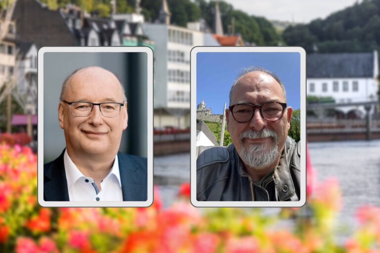 Porträts von Guido Thal und Markus Ferber vor einem Hintergrundbild, das die Lenne in Altena zeigt.