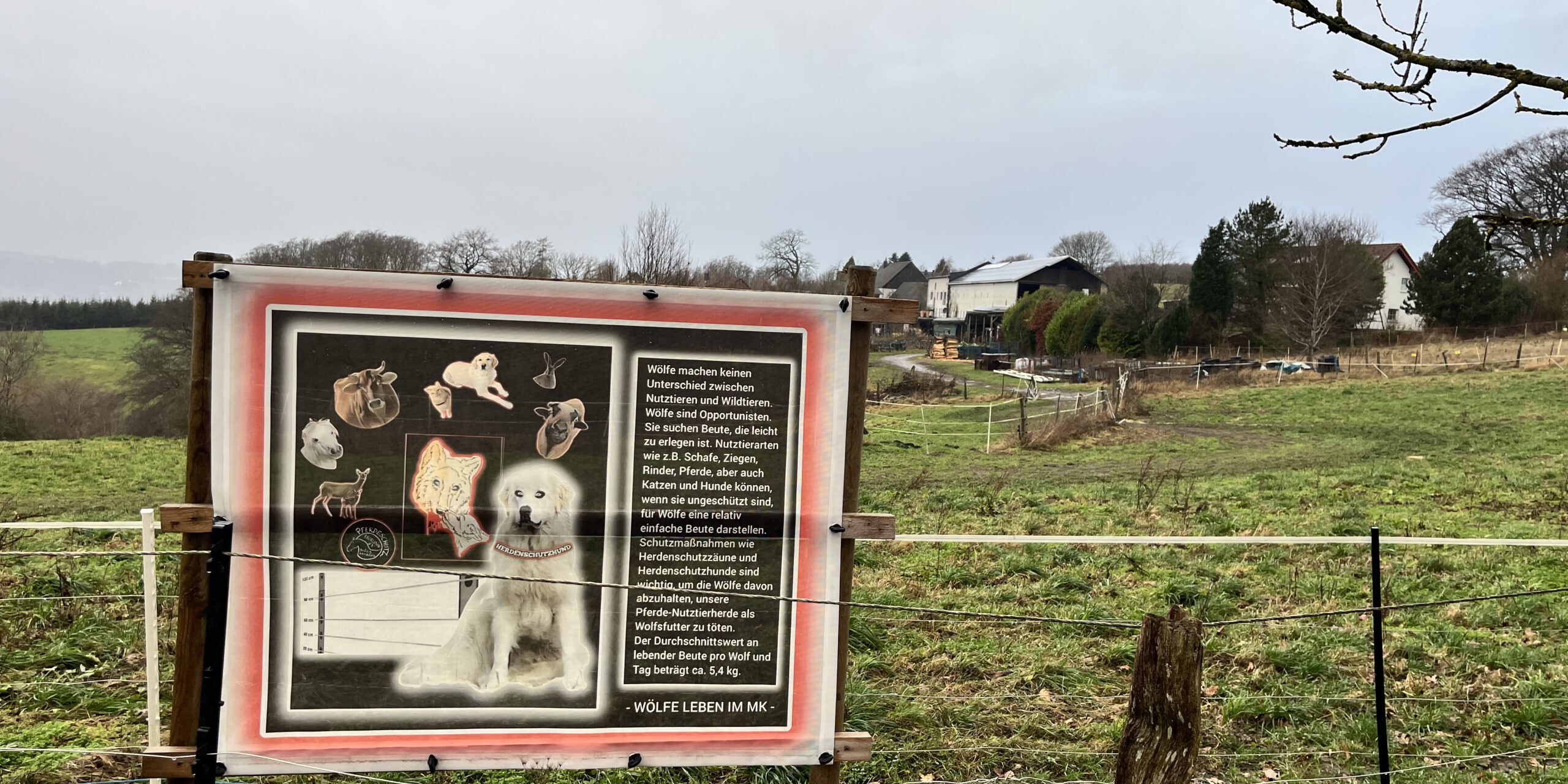 Ein Schild am Rande einer Pferdeweide