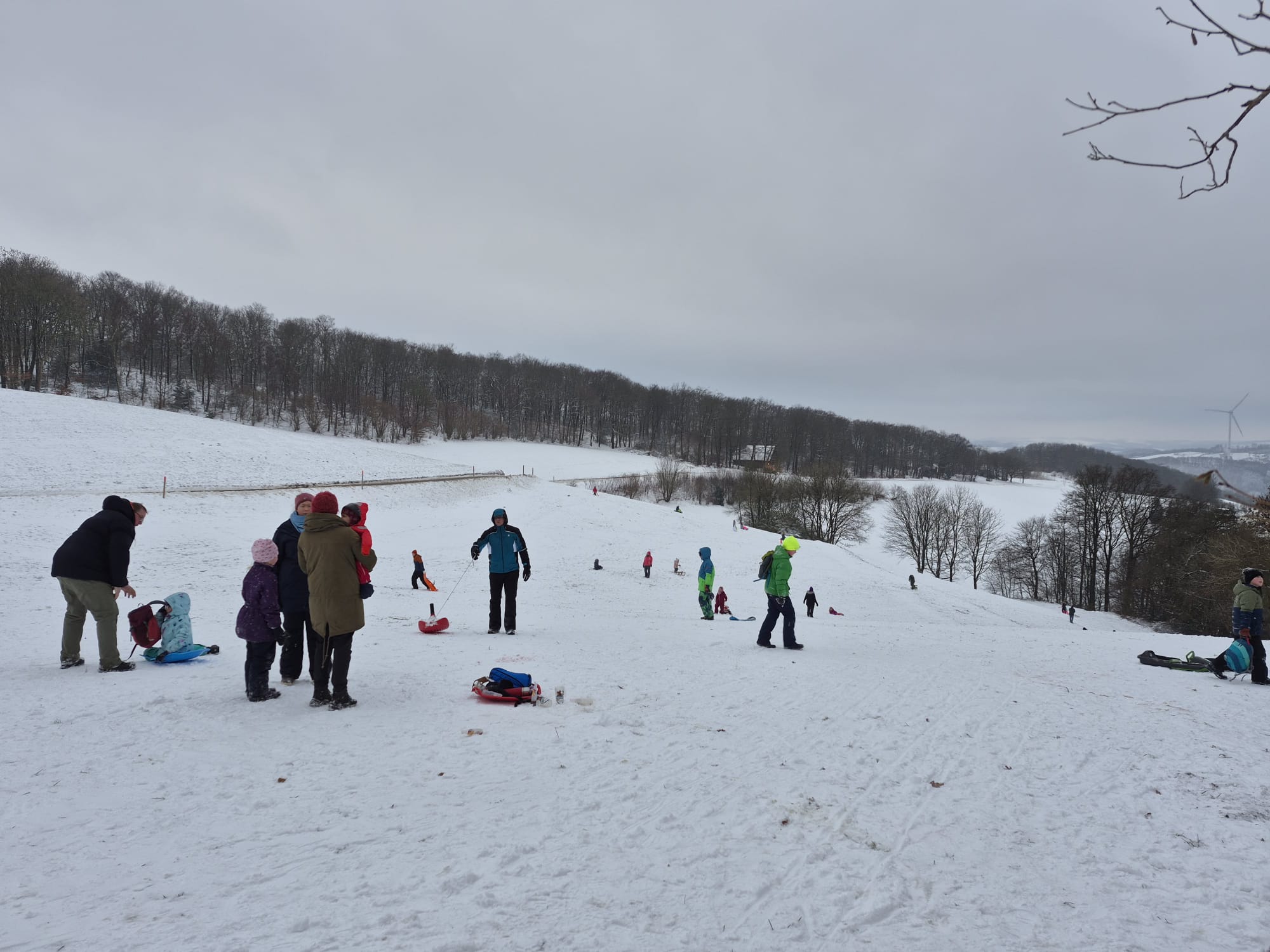 Eine verschneite Wiese mit Schlittenfahrern.
