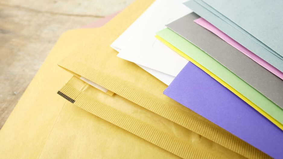 Mehrere farbige Briefumschläge und Papiere liegen übereinander auf einer Tischoberfläche.