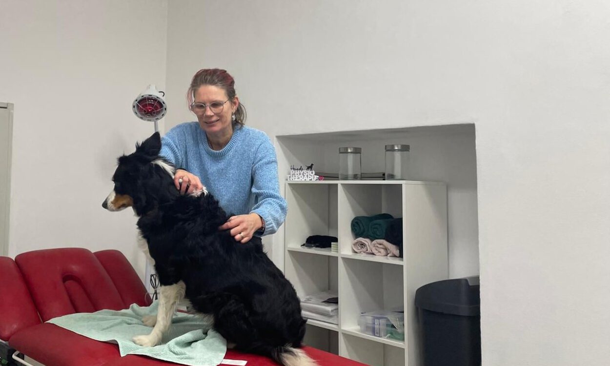 Eine Frau mit einem Hund.