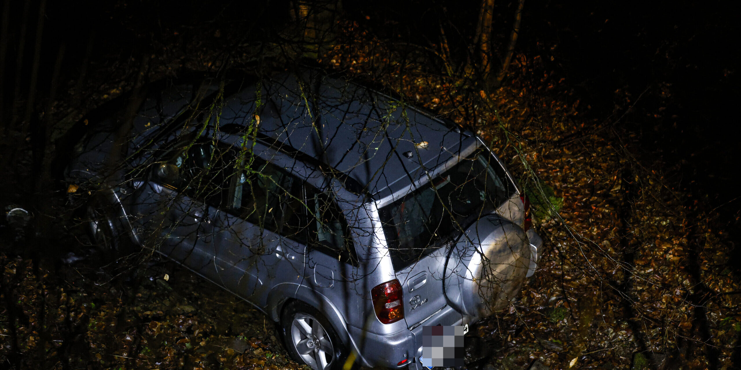 Ein silberner Pkw steht nachts abseits der Straße in einem bewaldeten Bereich. Das Fahrzeug befindet sich zwischen Bäumen und Laub am Hang, das Heck ist sichtbar, das Kennzeichen wurde unkenntlich gemacht.