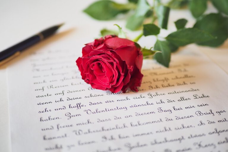Eine rote Rose liegt auf einem handgeschriebenen Brief. Im Hintergrund sind ein Stift und die grünen Blätter der Rose unscharf zu sehen.