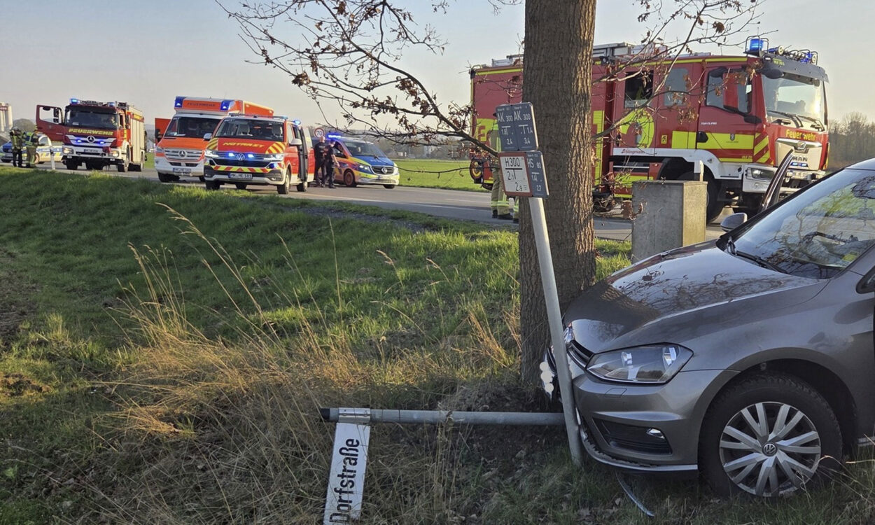 Ein grauer Pkw ist bei einem Unfall von der Straße abgekommen.