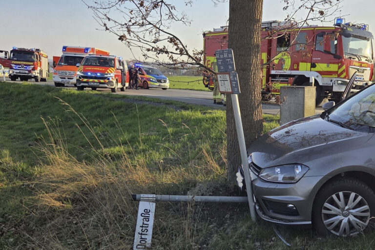 Ein grauer Pkw ist bei einem Unfall von der Straße abgekommen.
