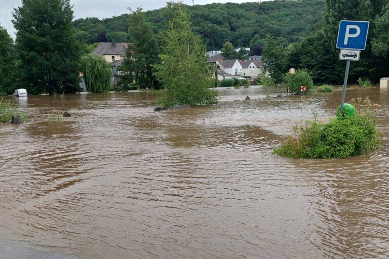 Überflutete Straße mit braunem Hochwasser, ein Parkplatzschild ragt aus dem Wasser, im Hintergrund Häuser und Bäume teilweise von der Flut umgeben.