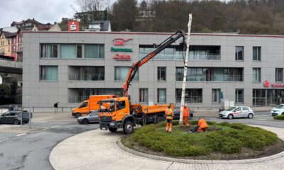 Arbeiter setzen mit Hilfe eines Krans den Maibaum auf einem Kreisverkehr vor einem Sparkassengebäude ein.