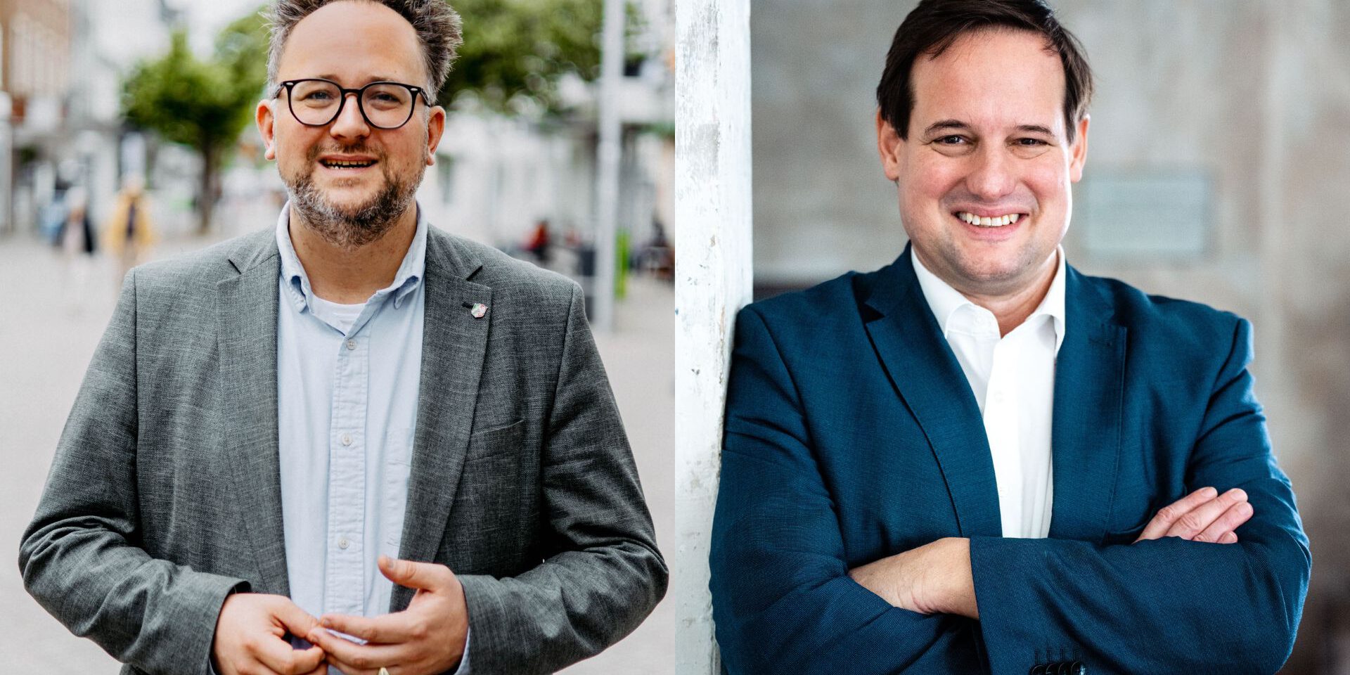 Zwei Männer in Business-Kleidung sind in einer Bildmontage nebeneinander zu sehen; beide lächeln in die Kamera, einer steht draußen auf einer Straße, der andere in einem Gebäude.