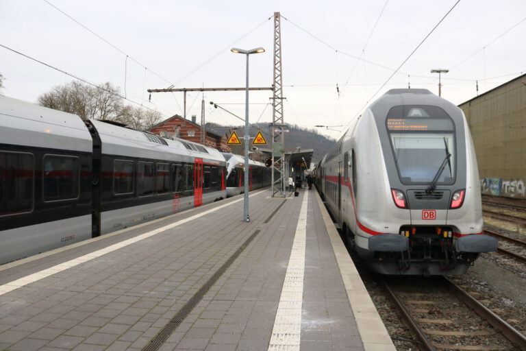 Zwei Züge der Deutschen Bahn stehen an einem Bahnsteig; Reisende gehen zwischen den Gleisen, im Hintergrund sind Bahnhofsgebäude und Oberleitungen zu sehen.