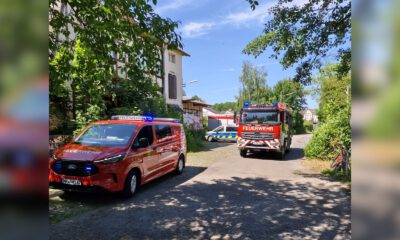 Mehrere Einsatzfahrzeuge von Feuerwehr und Polizei stehen an einer schmalen Straße zwischen Bäumen und Wohnhäusern.