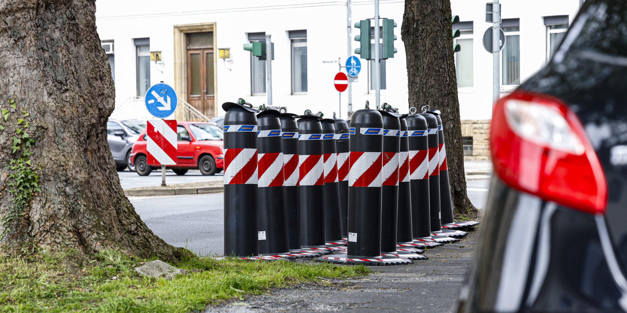 Mehrere schwarz-rote Absperrpoller stehen am Straßenrand zwischen Bäumen an einer Kreuzung in einem Wohngebiet.