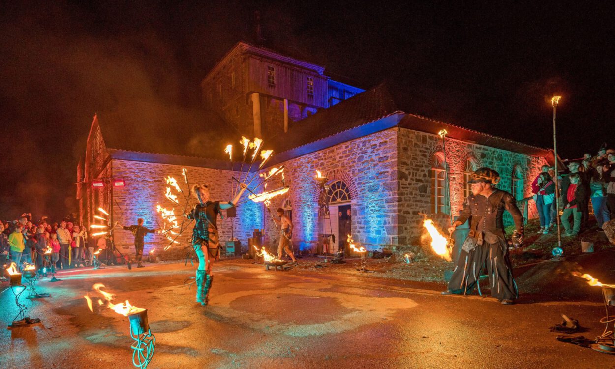 Vor einem historischen Backstein- und Natursteingebäude findet bei Nacht eine spektakuläre Feuershow statt. Mehrere Künstlerinnen und Künstler schwingen brennende Requisiten und erzeugen leuchtende Feuerkreise. Zahlreiche Zuschauer verfolgen die Aufführung, während das Gebäude mit farbigen Lichtakzenten in Blau, Rot und Grün illuminiert wird. Die Szene vermittelt die besondere Atmosphäre einer Kultur- oder Festveranstaltung unter freiem Himmel.