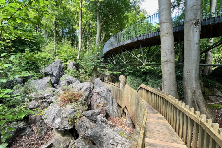 Ein hölzerner Steg führt durch eine felsige Waldlandschaft unterhalb einer geschwungenen Stahlbrücke. Hohe Bäume, große Felsformationen und dichtes Grün prägen die naturnahe Szenerie.