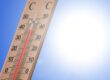 Ein Holzthermometer zeigt an einem sonnigen Tag eine Temperatur von rund 40 Grad Celsius an. Im Hintergrund strahlt eine helle Sonne vor einem wolkenlosen blauen Himmel. Die Aufnahme symbolisiert starke Sommerhitze und hohe Temperaturen.