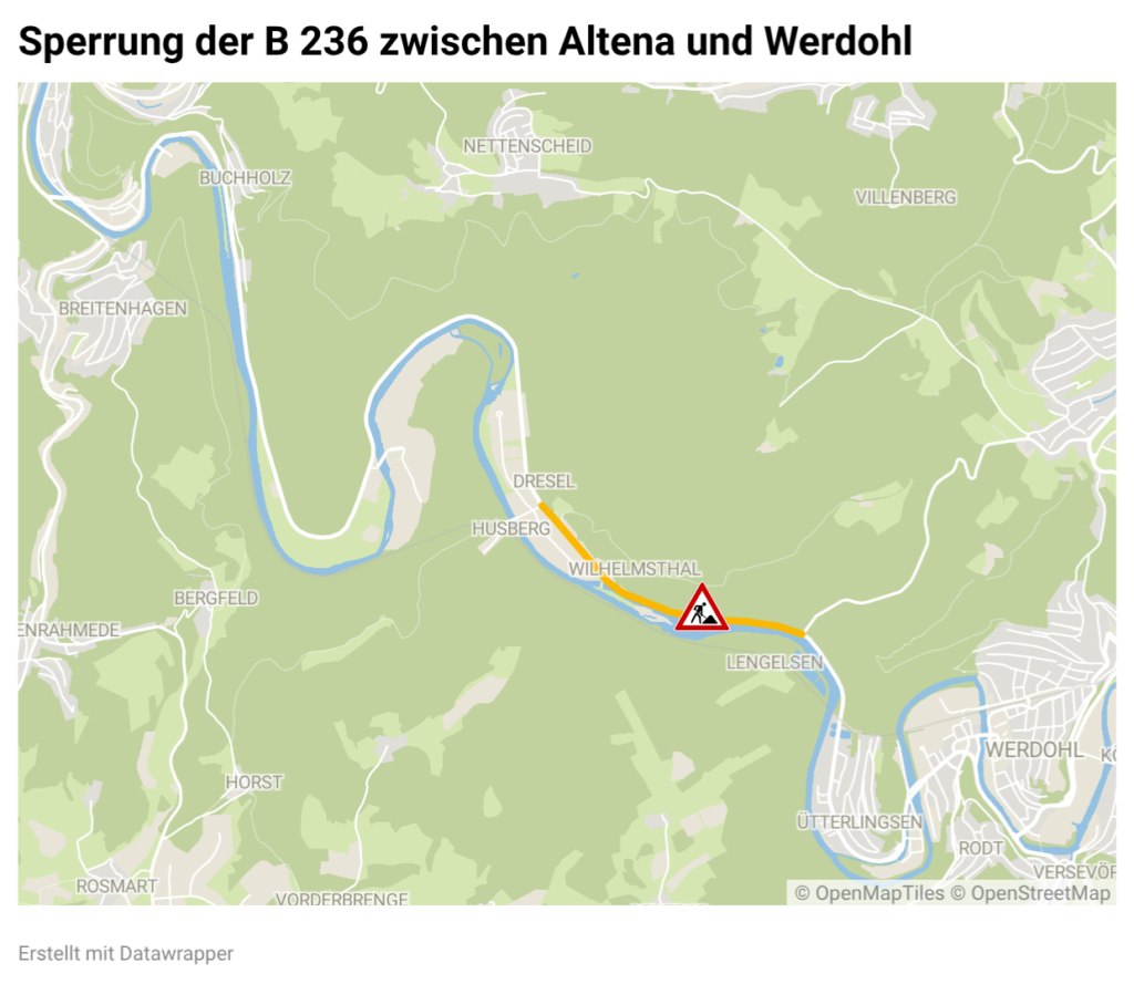 Eine Karte stellt die Sperrung der B 236 zwischen Altena und Werdohl dar.