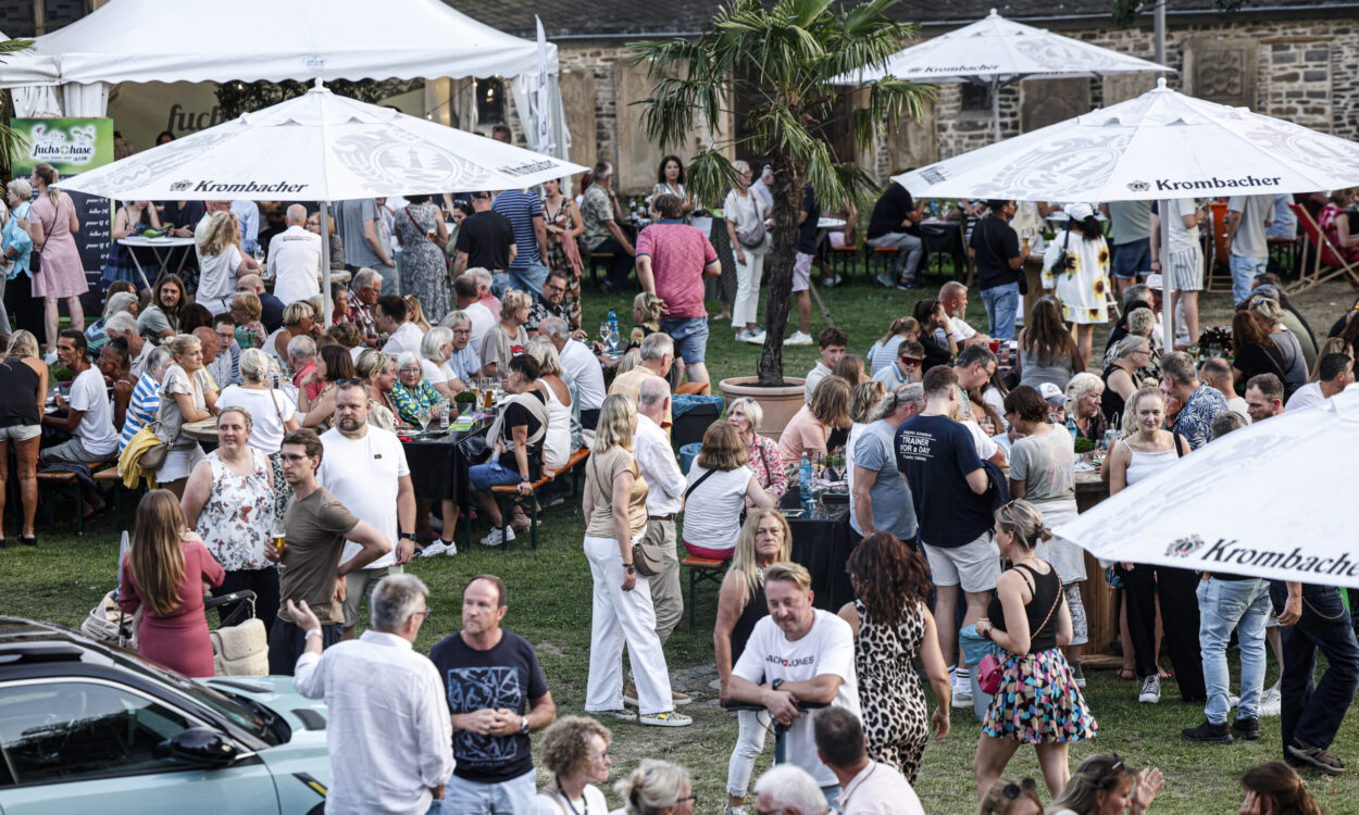 Zahlreiche Besucherinnen und Besucher genießen ein Sommerfest im Freien auf einer Wiese mit Bierbänken, Stehtischen und großen Sonnenschirmen. Die Menschen sitzen, stehen und unterhalten sich in entspannter Atmosphäre, während im Hintergrund ein historisches Gebäude und ein Festzelt zu sehen sind. Eine Palme in der Mitte des Geländes verleiht der Veranstaltung ein sommerliches Ambiente.