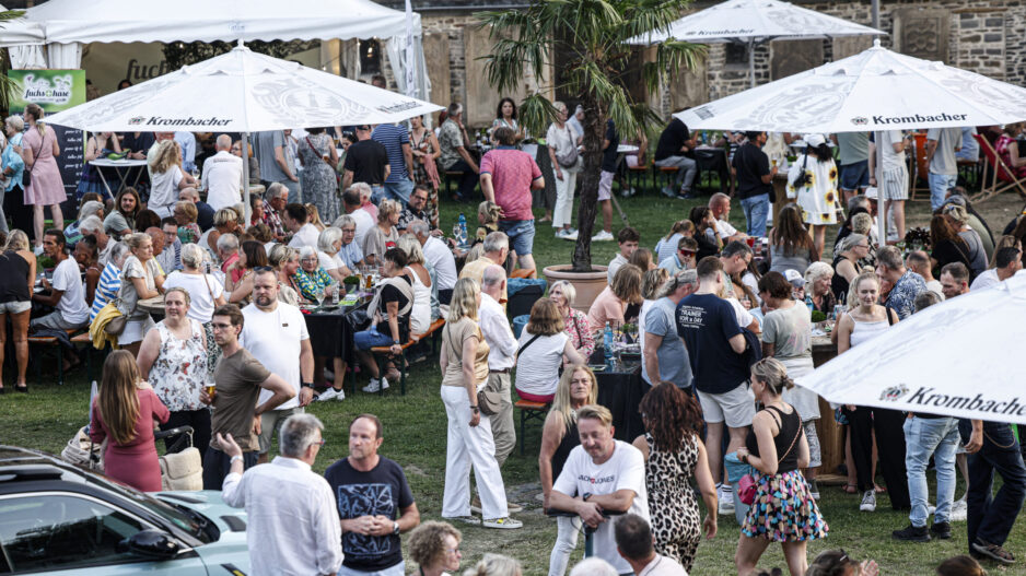 Zahlreiche Besucherinnen und Besucher genießen ein Sommerfest im Freien auf einer Wiese mit Bierbänken, Stehtischen und großen Sonnenschirmen. Die Menschen sitzen, stehen und unterhalten sich in entspannter Atmosphäre, während im Hintergrund ein historisches Gebäude und ein Festzelt zu sehen sind. Eine Palme in der Mitte des Geländes verleiht der Veranstaltung ein sommerliches Ambiente.