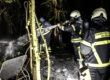 Mehrere Einsatzkräfte der Berufsfeuerwehr löschen nachts in einem Waldstück die Überreste eines Brandes. Ein Feuerwehrmann richtet einen Wasserstrahl auf verkohltes Material, während weitere Einsatzkräfte in Schutzkleidung und mit Atemschutzgeräten unterstützen.