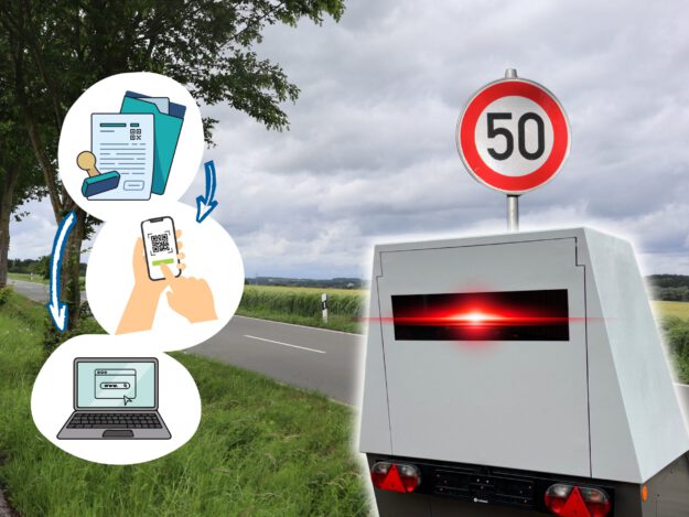 Fotomontage zum Thema digitale Verkehrsüberwachung: Rechts stehen ein Tempo-50-Schild und ein Blitzer mit rotem Messlicht an einer Landstraße. Links zeigen drei Grafiken den Ablauf vom erhaltenen Schreiben über das Scannen eines QR-Codes mit dem Smartphone bis zum Aufruf einer Internetseite am Laptop.