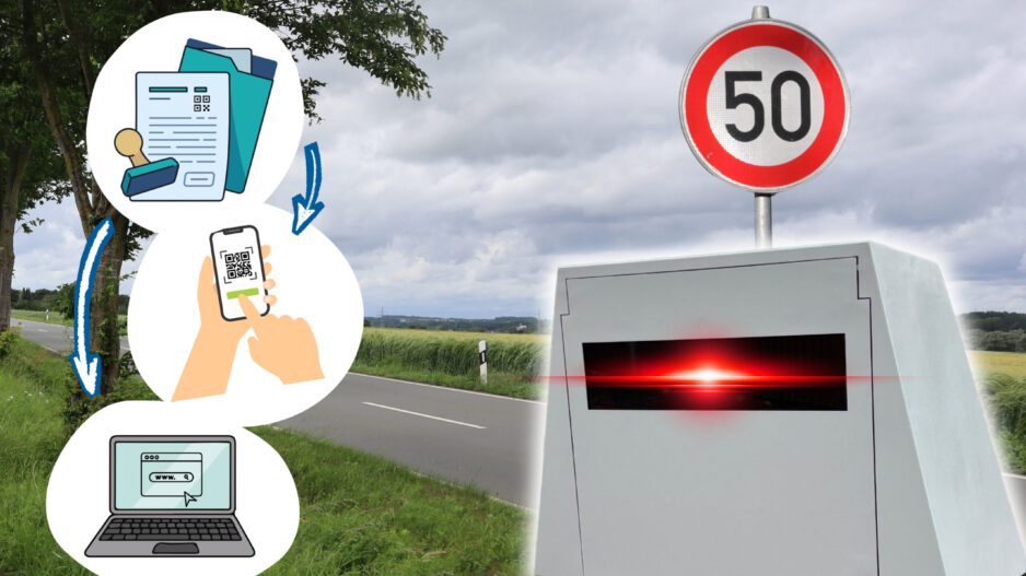 Fotomontage zum Thema digitale Verkehrsüberwachung: Rechts stehen ein Tempo-50-Schild und ein Blitzer mit rotem Messlicht an einer Landstraße. Links zeigen drei Grafiken den Ablauf vom erhaltenen Schreiben über das Scannen eines QR-Codes mit dem Smartphone bis zum Aufruf einer Internetseite am Laptop.