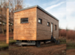 Ein mobiles Tiny House mit Holzfassade steht auf einem Fahrgestell in einer naturnahen Umgebung. Eine kleine Treppe führt zur seitlichen Eingangstür; mehrere Fenster sind in die Holzfassade eingelassen.