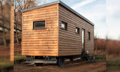 Ein mobiles Tiny House mit Holzfassade steht auf einem Fahrgestell in einer naturnahen Umgebung. Eine kleine Treppe führt zur seitlichen Eingangstür; mehrere Fenster sind in die Holzfassade eingelassen.
