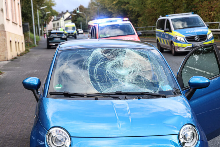 Ein blauer Kleinwagen steht mit stark beschädigter Windschutzscheibe und eingedellter Motorhaube am Straßenrand. Die Beifahrertür ist geöffnet. Im Hintergrund stehen ein Rettungswagen mit eingeschaltetem Blaulicht, ein Polizeifahrzeug und ein weiterer Rettungswagen.