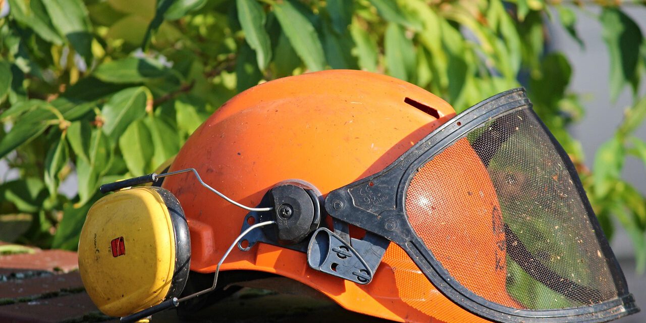 Ein orangefarbener Schutzhelm mit gelbem Gehörschutz und heruntergeklapptem schwarzem Gesichtsschutz aus Metallgitter liegt auf einer Backsteinmauer. Im Hintergrund sind grüne Blätter zu sehen.